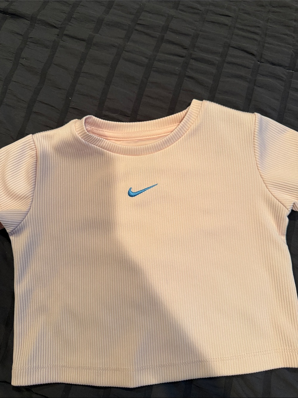 Nike Pastel Pink Ribbed Crop Tee with Blue-Accented Floral Running Shorts - Picture 2 of 4